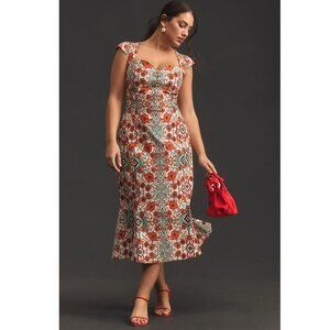 Anthropologie Cecily Fit & Flare Sweetheart Midi Dress ‎Orange Motif Floral L